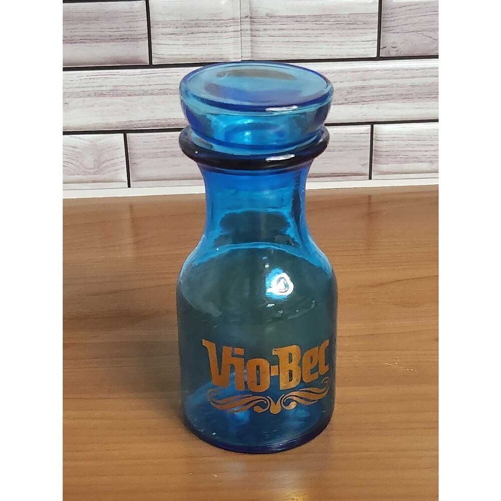 Vintage Turquoise Glass Belgium Jar Blue Apothecary VIO-BEC Bottle With Lid Made